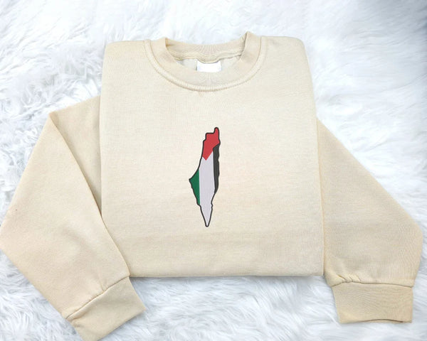 Palestine Flag Map Sweater, Palestine Embroidery Crewneck Sweatshirt, Adults Unisex Jumper, Palestine Clothing