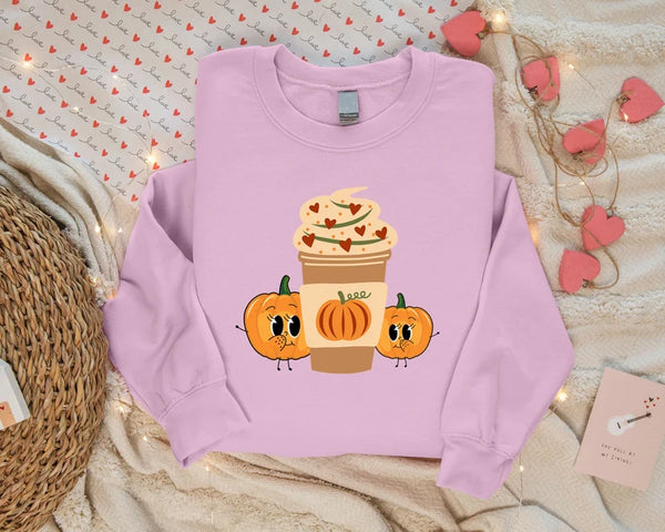 Halloween Sweatshirt, Pumpkin Spice Coffee Printed Sweater, Halloween Coffee Cup Autumn Fall Retro Crewneck Jumpers, Halloween Night Outfits