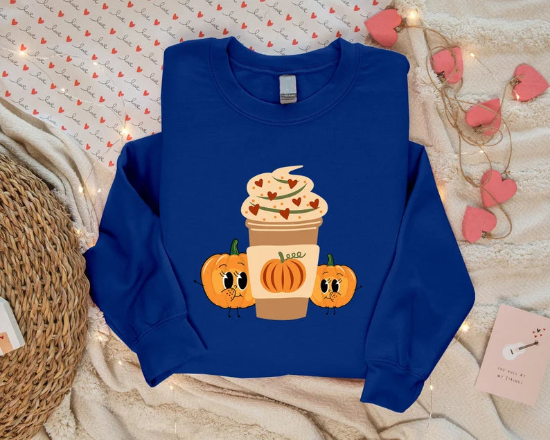 Halloween Sweatshirt, Pumpkin Spice Coffee Printed Sweater, Halloween Coffee Cup Autumn Fall Retro Crewneck Jumpers, Halloween Night Outfits