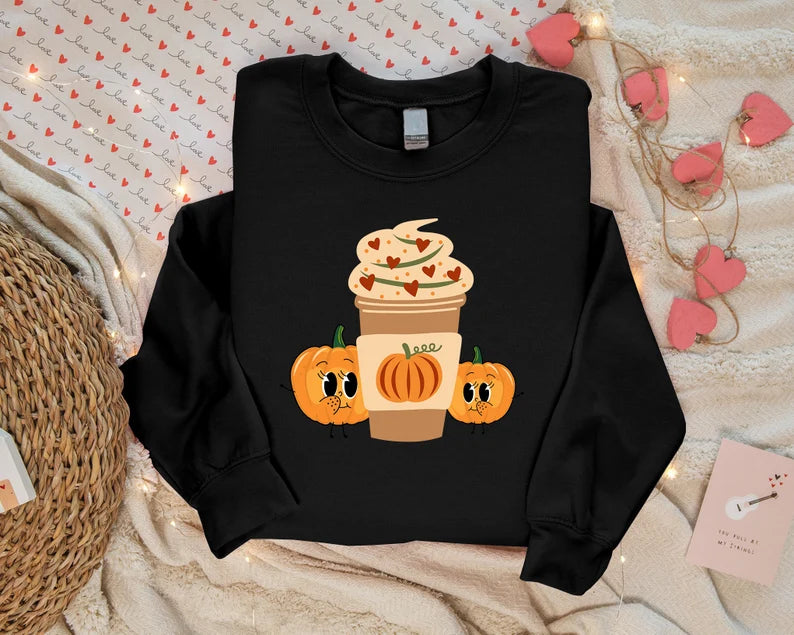 Halloween Sweatshirt, Pumpkin Spice Coffee Printed Sweater, Halloween Coffee Cup Autumn Fall Retro Crewneck Jumpers, Halloween Night Outfits