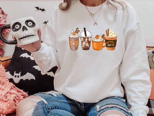 Halloween Coffee Sweatshirt, Vintage Autumn Fall Sweater, Pumpkin Coffee Cups Crewneck Jumper, Halloween Clothing, Halloween Night Outfits