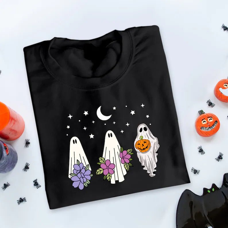 Floral Ghost Halloween Sweater, Vintage Floral Ghost Printed Sweatshirt, Halloween Family Jumper, Halloween Tops, Retro Halloween Party Gift