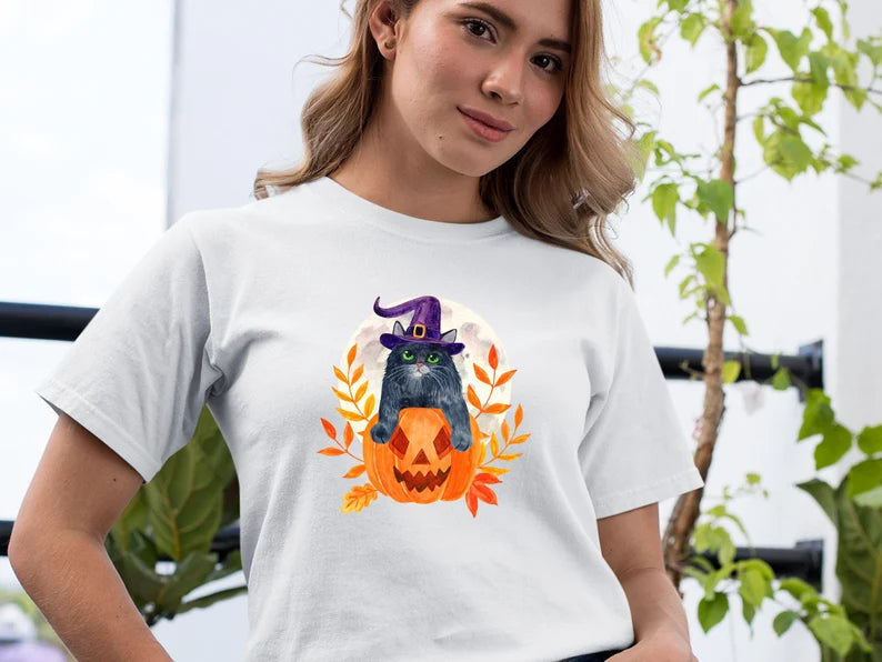 Cat on Pumpkin Halloween Shirt, Vintage Fall Pumpkin Tee Shirt, Halloween Witch Cat Printed Shirt, Autumn Outfits, Halloween Cat Lover Gifts