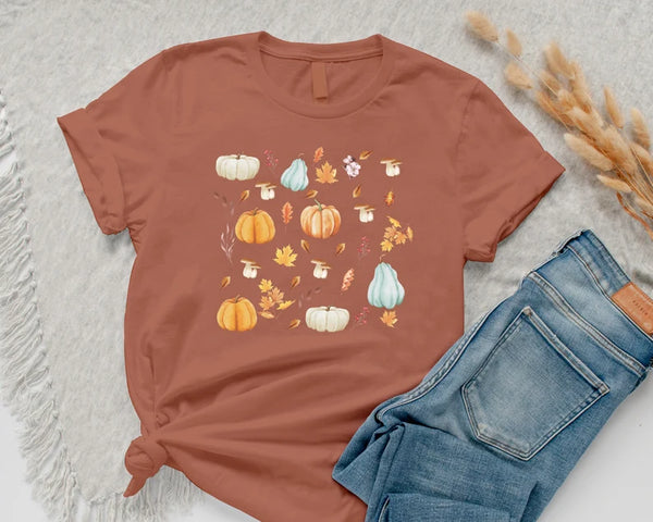 Autumn Pastel Pumpkins T-Shirt, Vintage Fall Pumpkins Printed Shirt, Aesthetic Thanksgiving Tee Tops, Cottagecore Style, Autumn Outfit Gifts