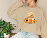 Halloween Sweatshirt, Pumpkin Spice Coffee Printed Sweater, Halloween Coffee Cup Autumn Fall Retro Crewneck Jumpers, Halloween Night Outfits