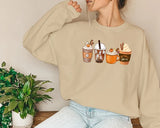 Halloween Coffee Sweatshirt, Vintage Autumn Fall Sweater, Pumpkin Coffee Cups Crewneck Jumper, Halloween Clothing, Halloween Night Outfits