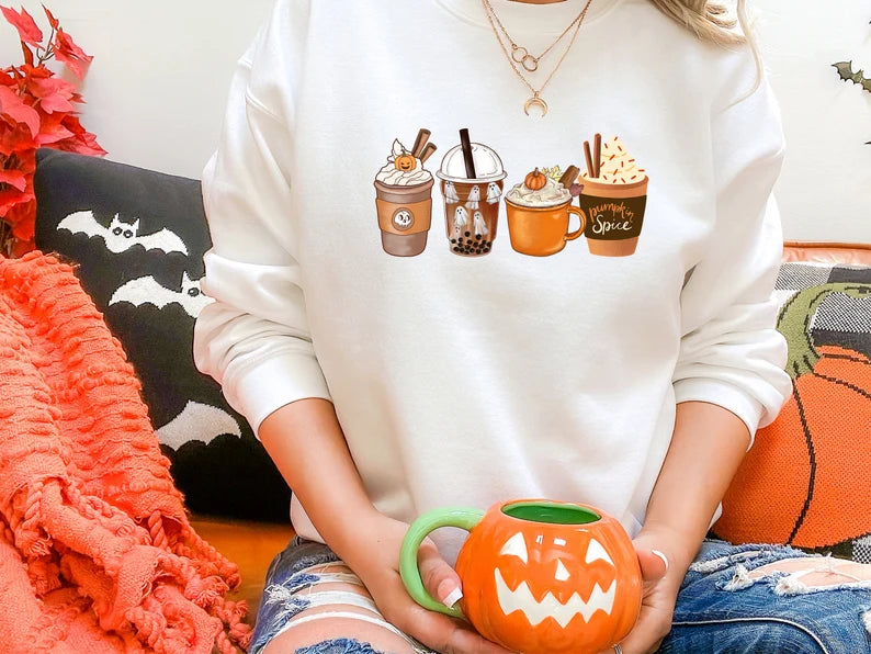 Halloween Coffee Sweatshirt, Vintage Autumn Fall Sweater, Pumpkin Coffee Cups Crewneck Jumper, Halloween Clothing, Halloween Night Outfits